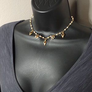Pretty Gold Tone And White Bead Necklace Adjustable 14 To 16 Inches Long